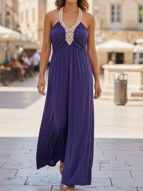 NWT Elle Purple Halter Maxi Dress with Crochet Neckline Size L